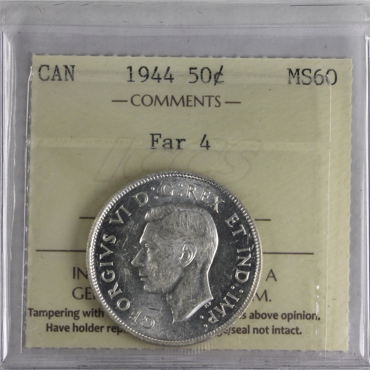 1944 Far 4 Canada 50-cents ICCS Certified MS60