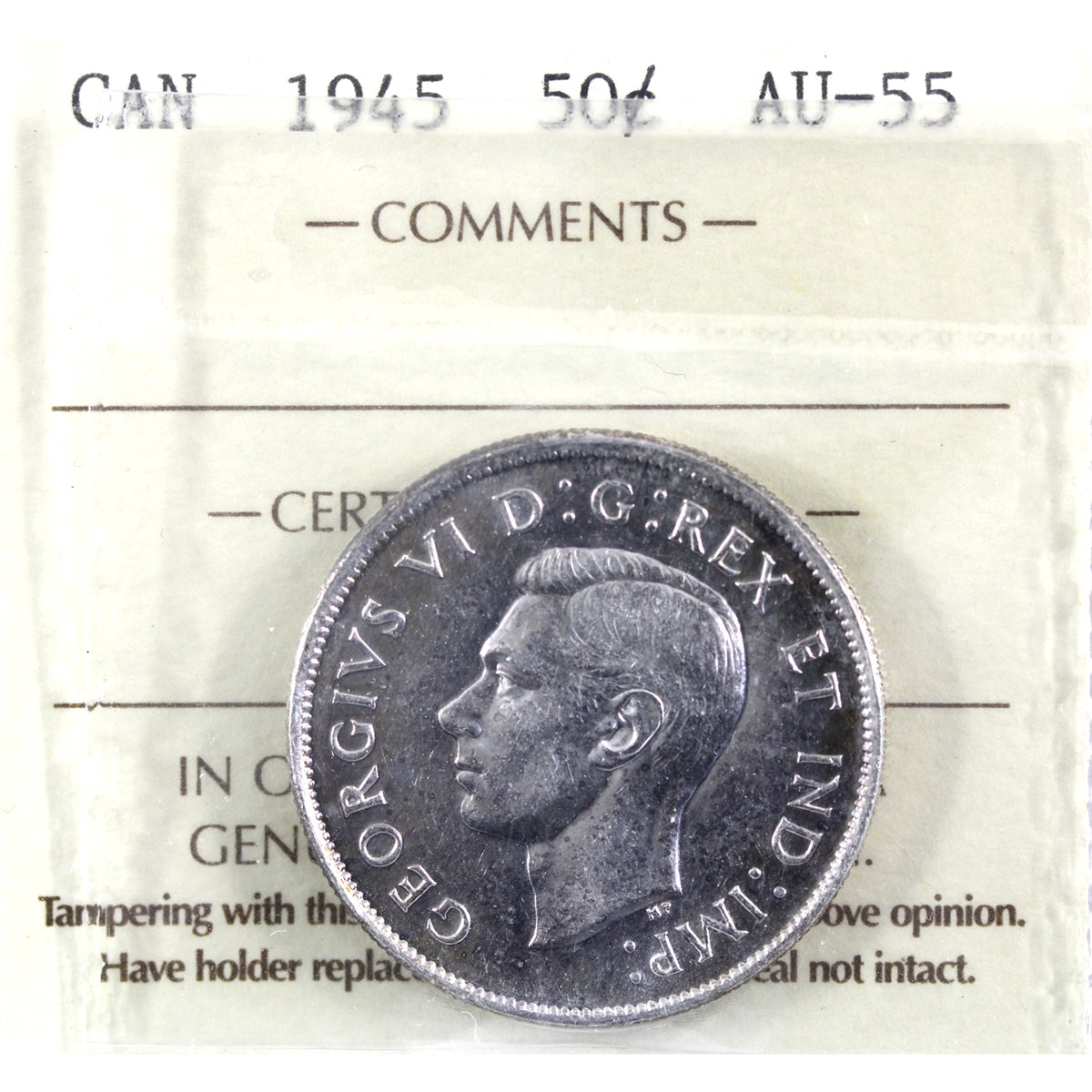 1945 Canada 50-cents ICCS Certified AU55