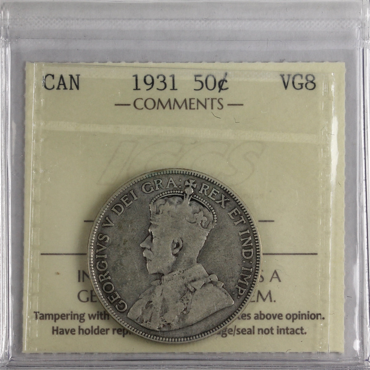 1931 Canada 50-cents ICCS Certified VG8