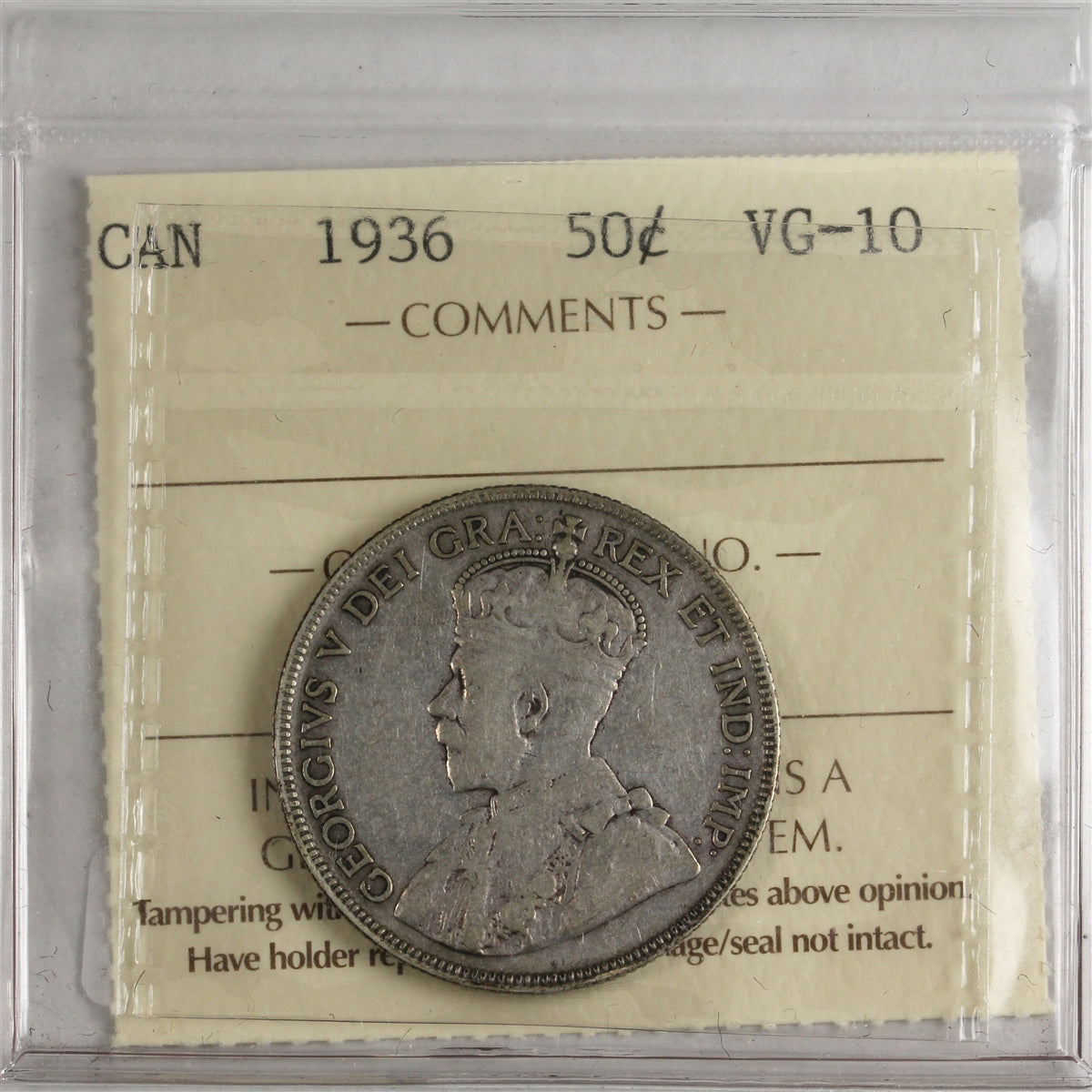 1936 Canada 50-cents ICCS Certified VG10