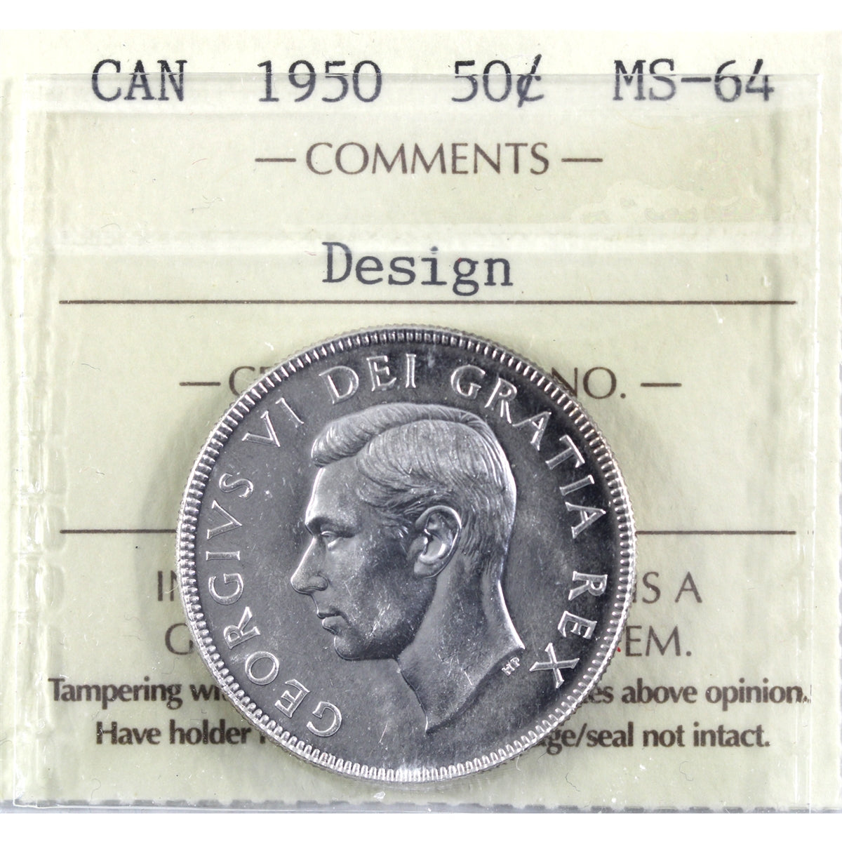 1950 Design Canada 50-cents ICCS Certified MS64