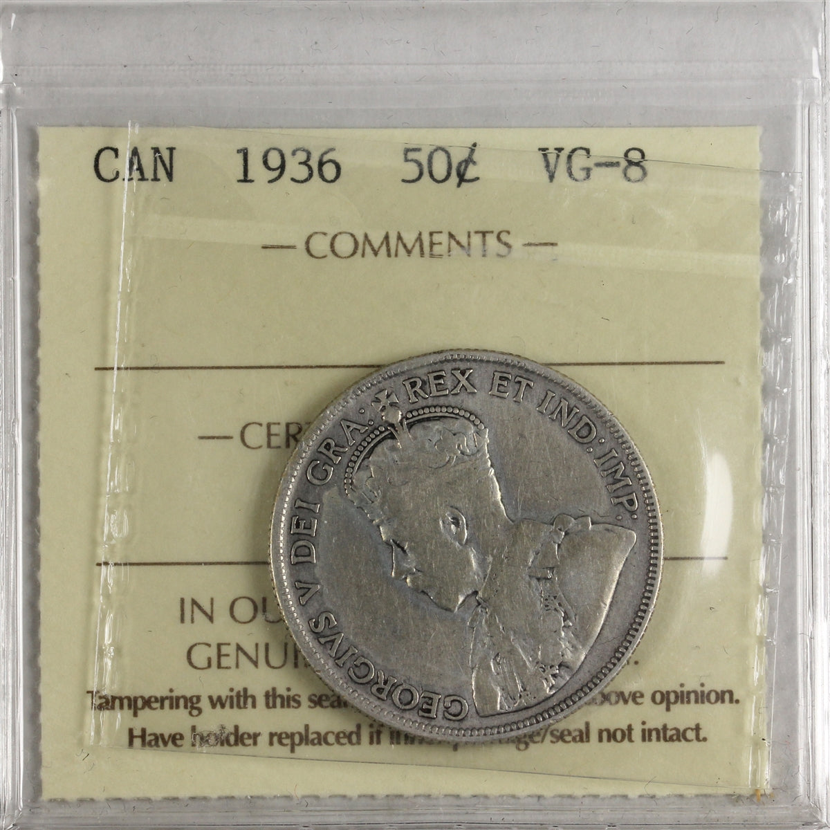 1936 Canada 50-cents ICCS Certified VG8