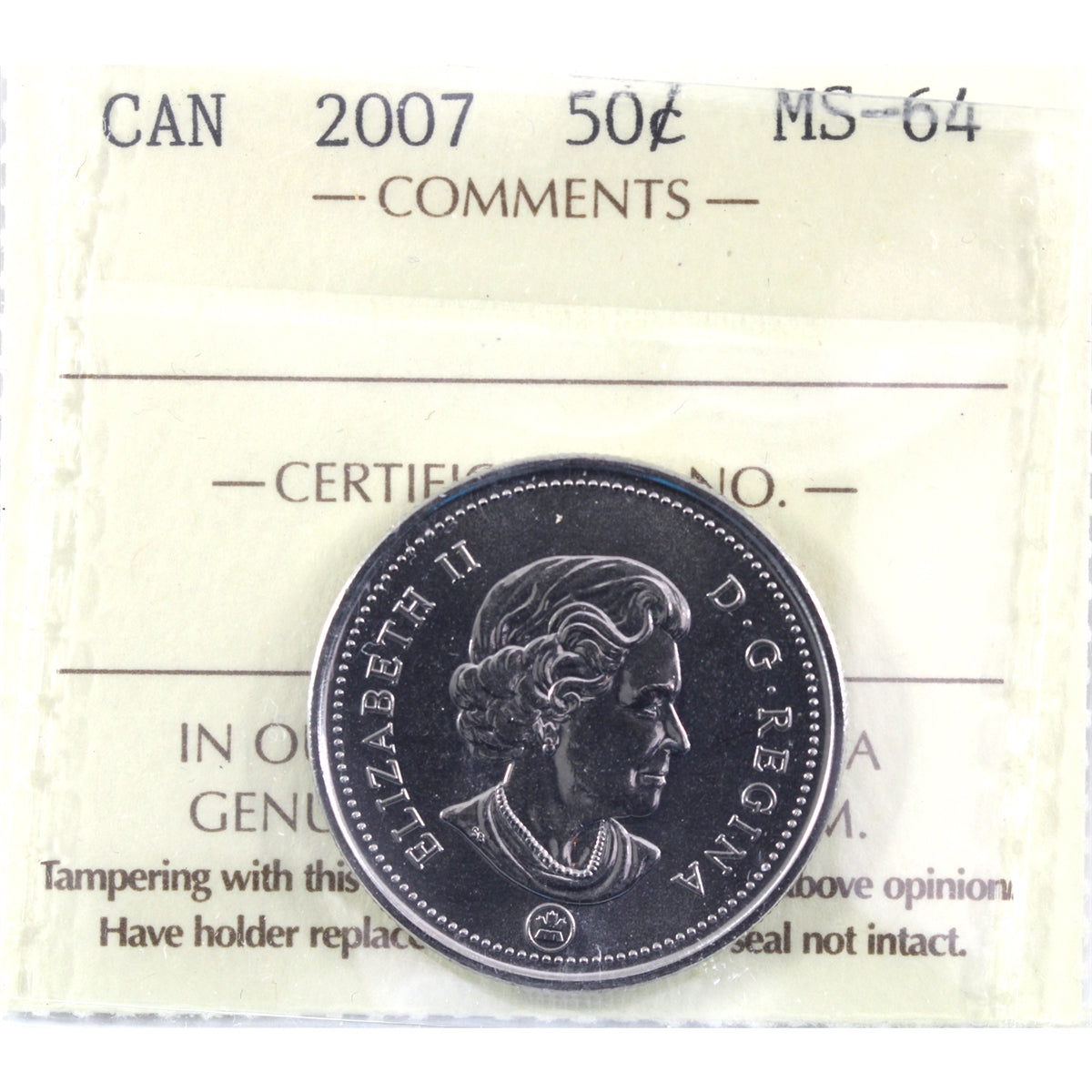 2007 Canada 50-cents ICCS Certified MS64