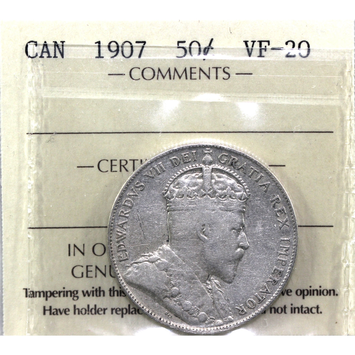 1907 Canada 50-cents ICCS Certified VF20