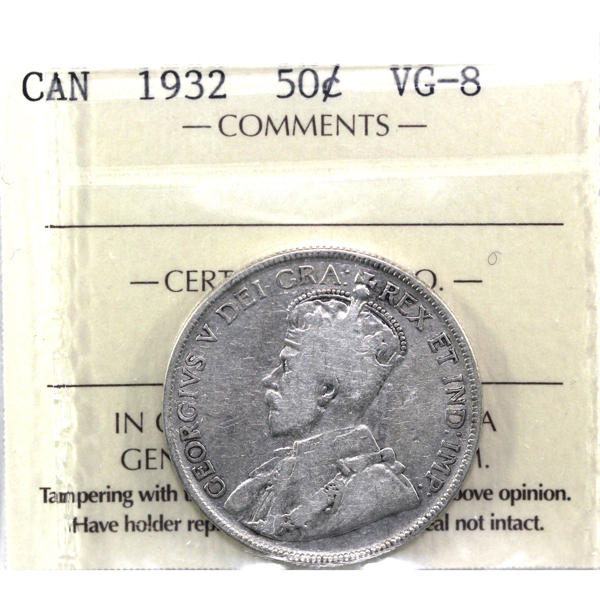 1932 Canada 50-cents ICCS Certified VG8