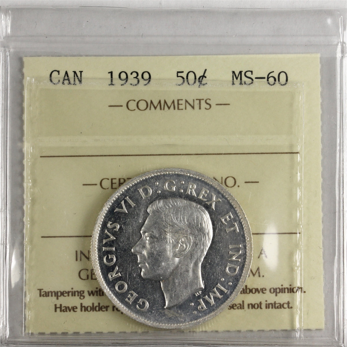 1939 Canada 50-cents ICCS Certified MS60