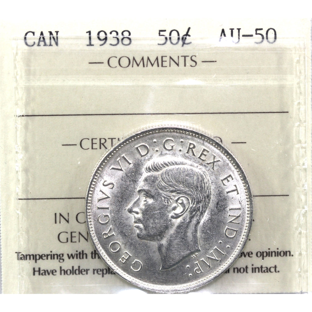 1938 Canada 50-cents ICCS Certified AU50