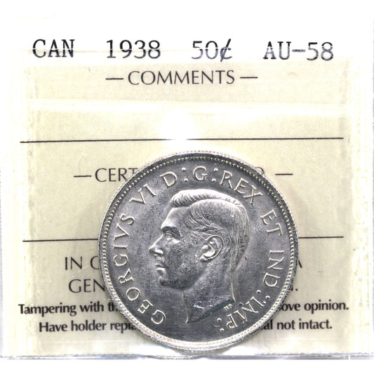 1938 Canada 50-cents ICCS Certified AU58