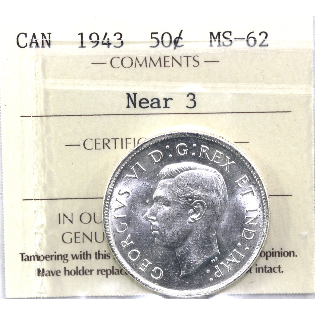 1943 Near 3 Canada 50-cents ICCS Certified MS62