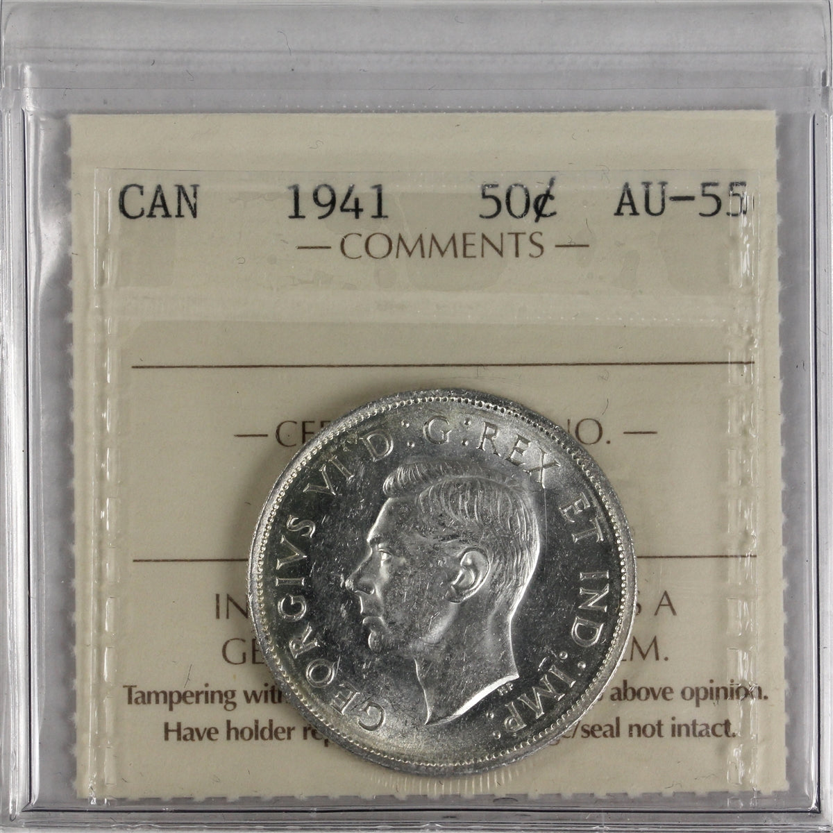 1941 Canada 50-cents ICCS Certified AU55