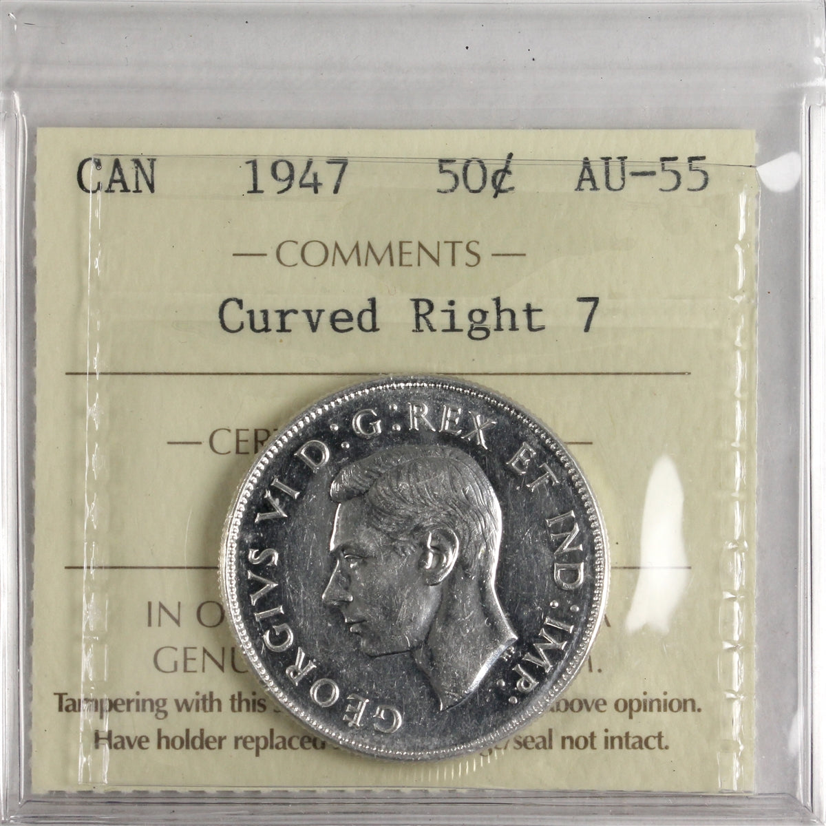 1947 Curved Right 7 50-cents ICCS Certified AU55