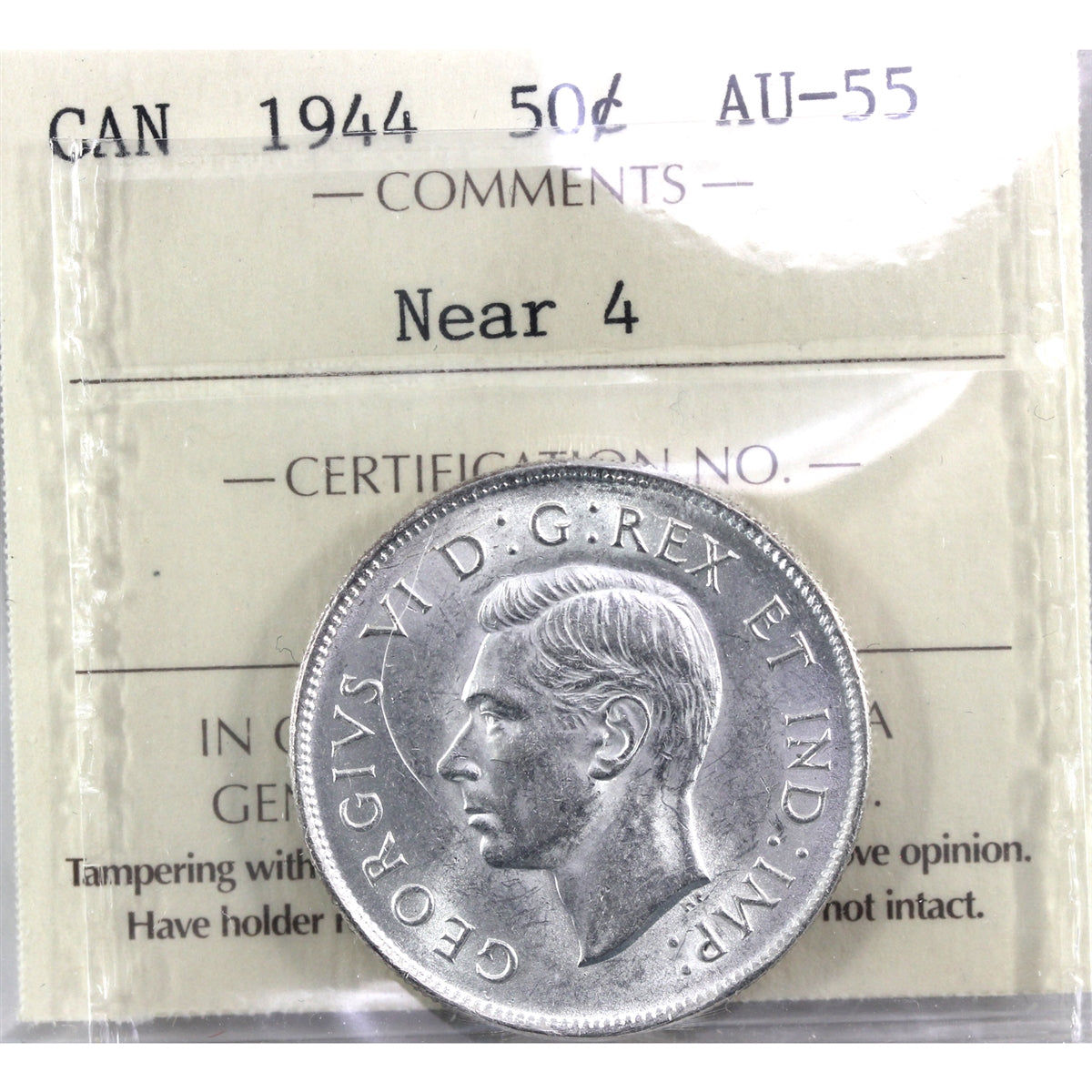 1944 Near 4 Canada 50-cents ICCS Certified AU55