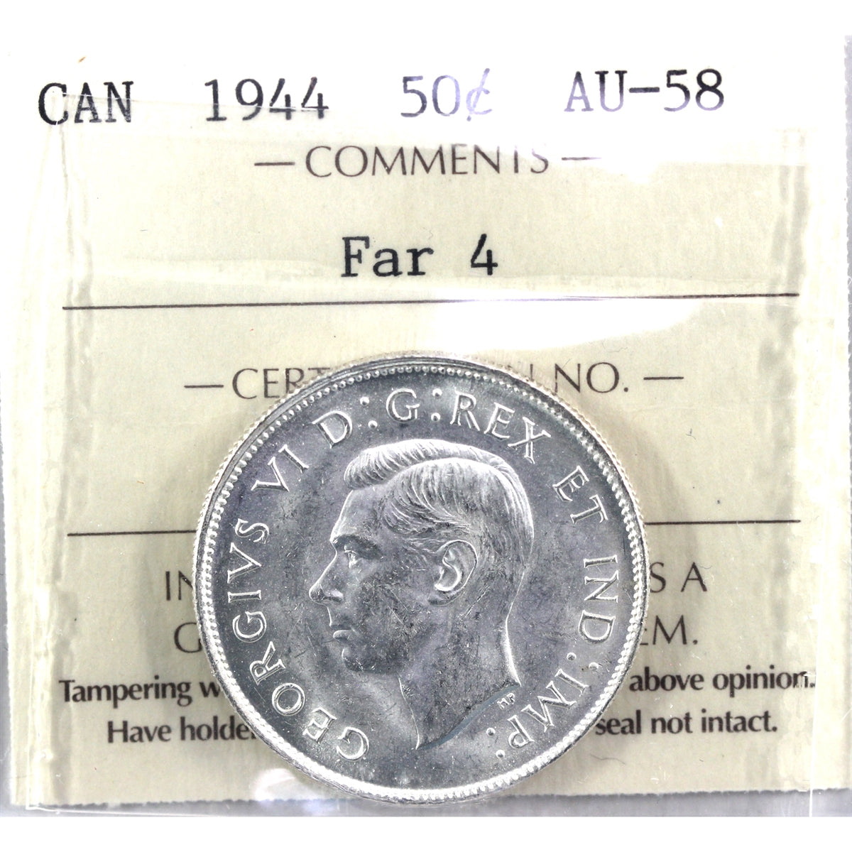 1944 Far 4 Canada 50-cents ICCS Certified AU58