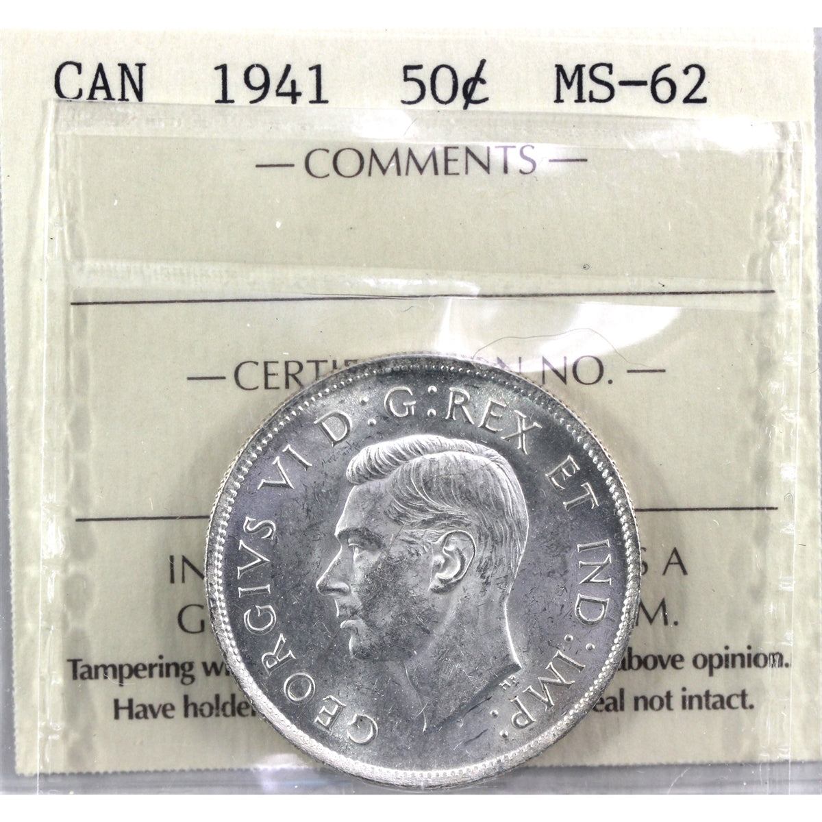 1941 Canada 50-cents ICCS Certified MS62