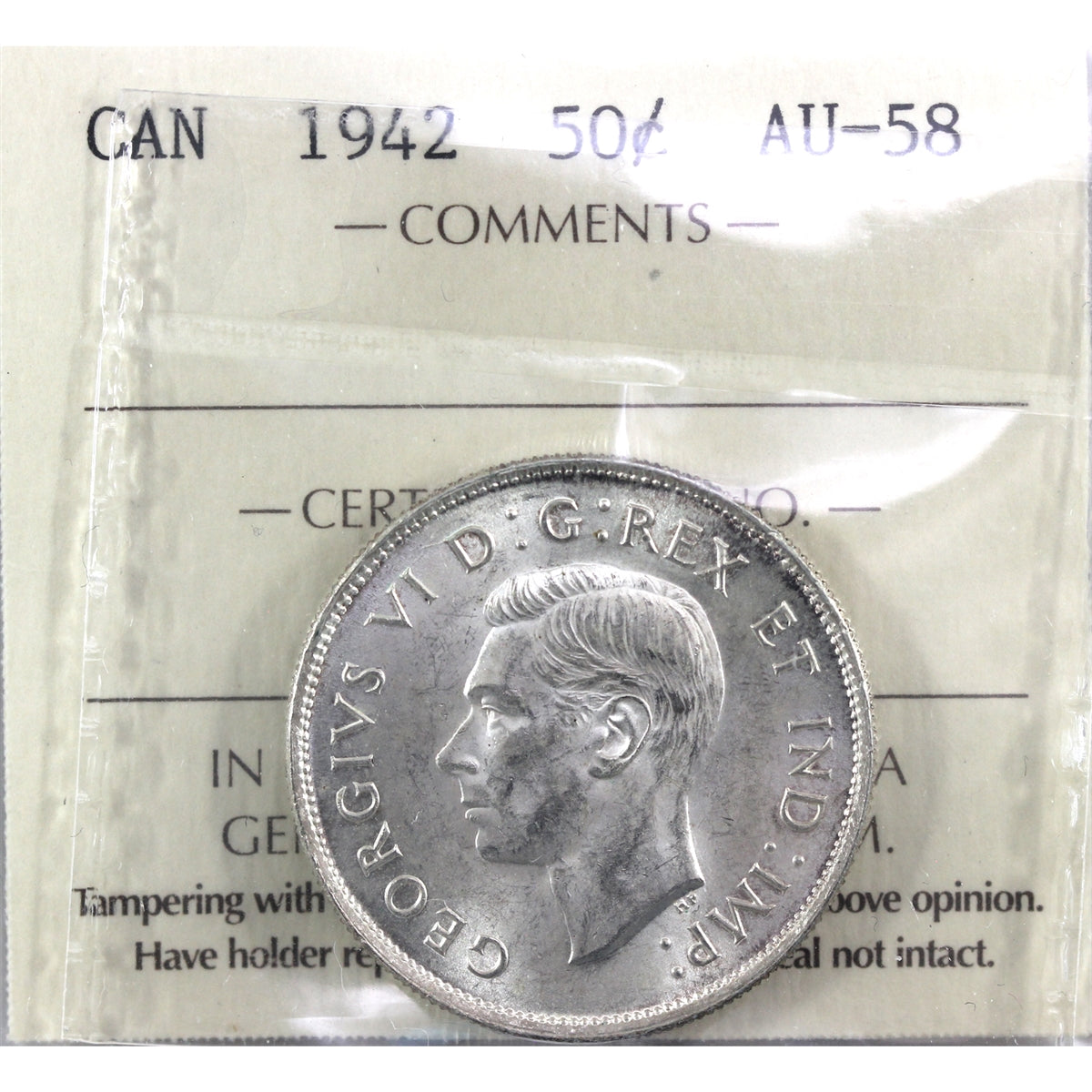1942 Canada 50-cents ICCS Certified AU58