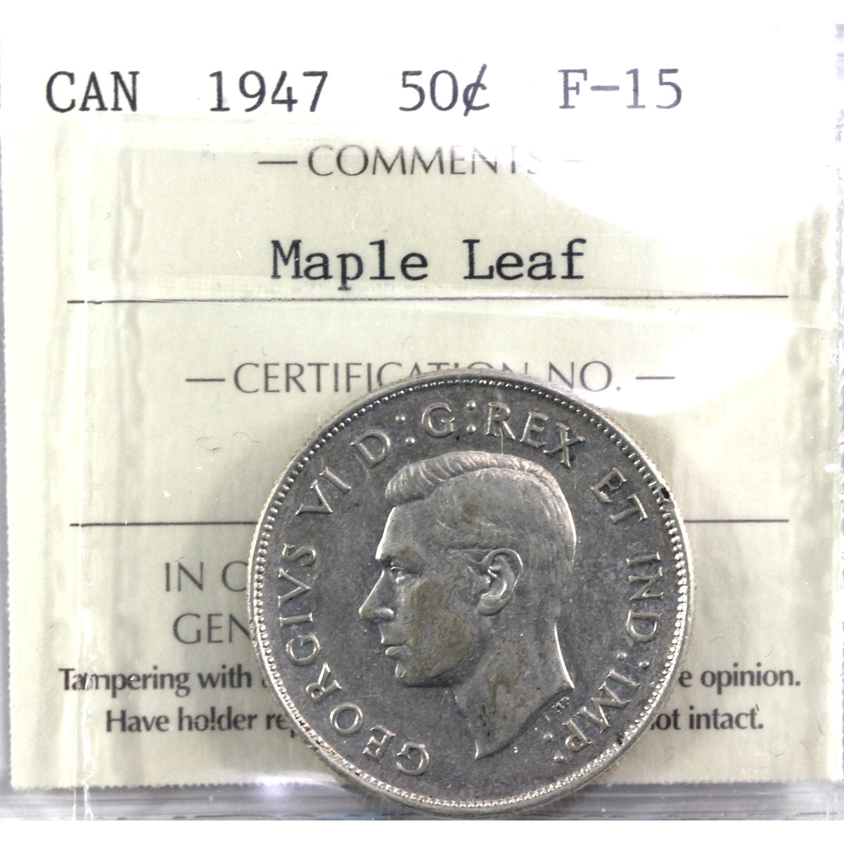 1947 Maple Leaf Canada 50-cents ICCS Certified F15