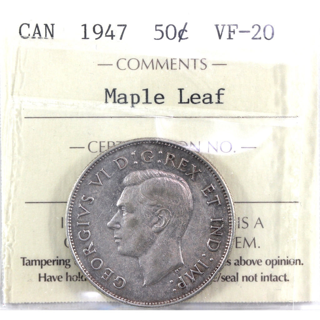 1947 Maple Leaf Canada 50-cents ICCS Certified VF20