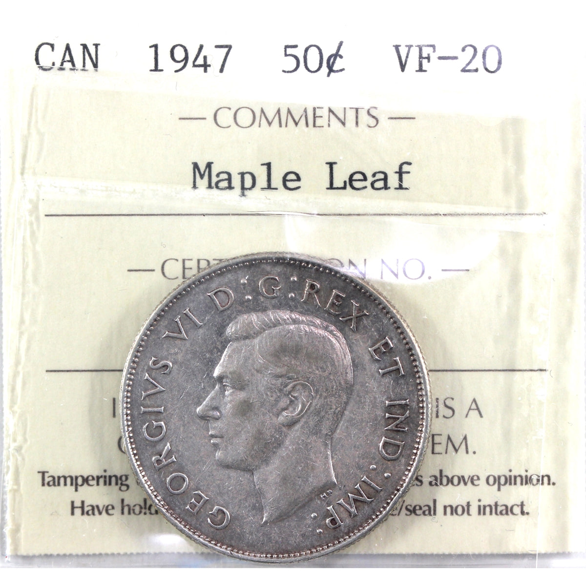 1947 Maple Leaf Canada 50-cents ICCS Certified VF20