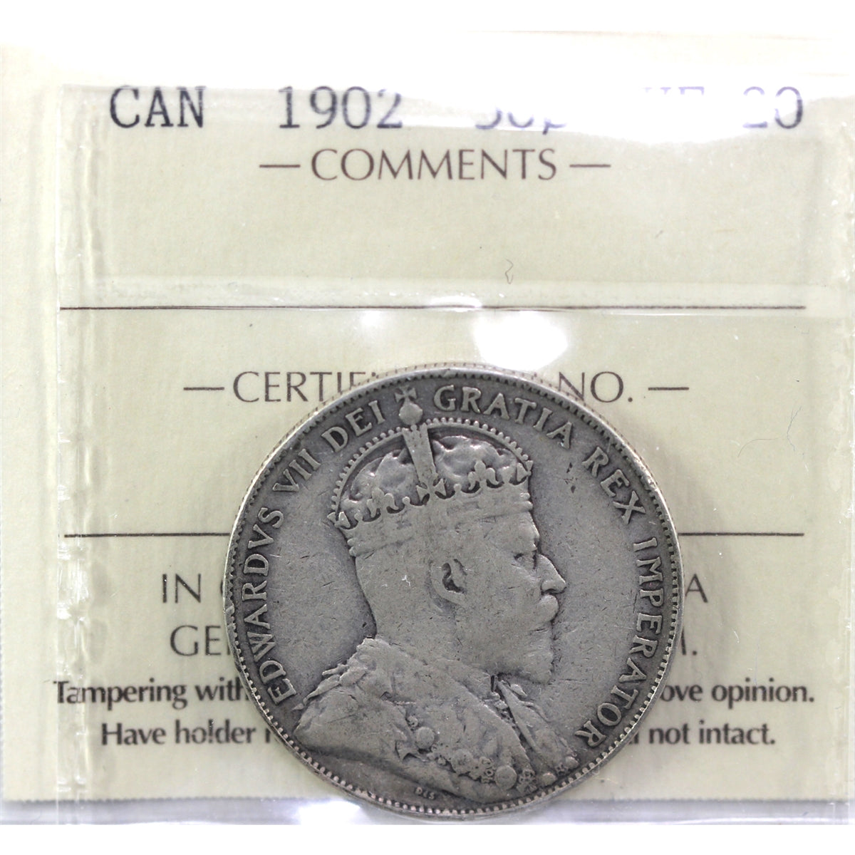 1902 Canada 50-cents ICCS Certified VF20