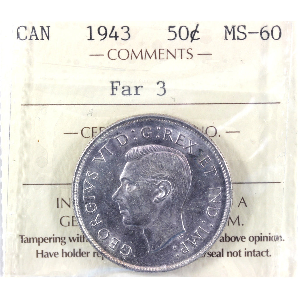 1943 Far 3 Canada 50-cents ICCS Certified MS60