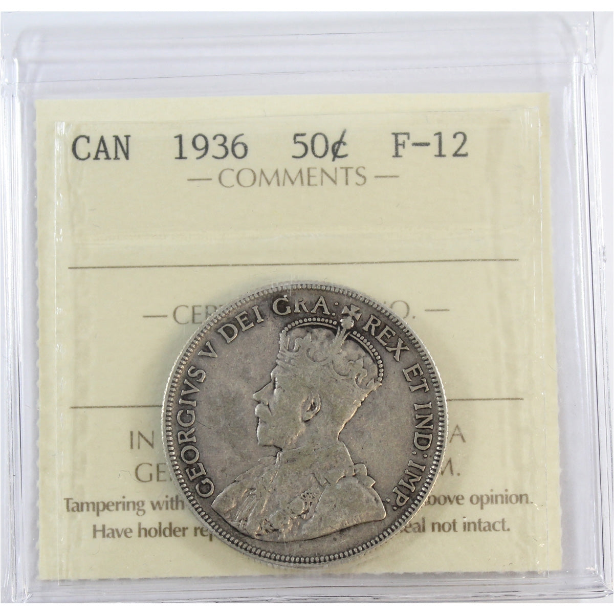 1936 Canada 50-cents ICCS Certified F12