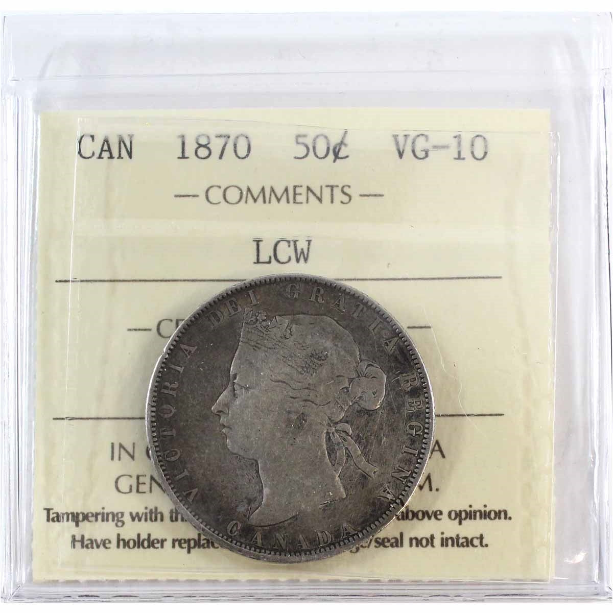 1870 LCW Canada 50-cents ICCS Certified VG10