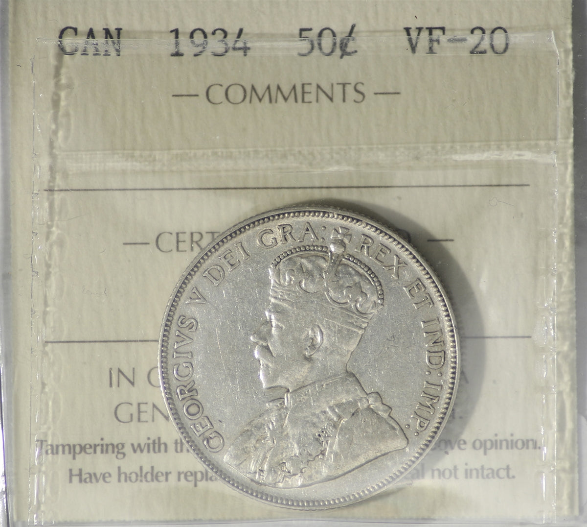 1934 Canada 50-cents ICCS Certified VF20