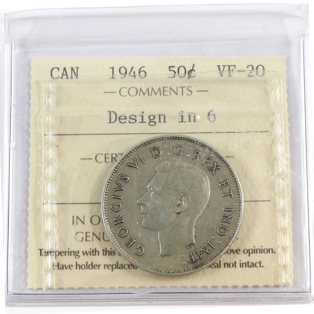 1946 Design in 6 Canada 50-cents ICCS Certified VF20