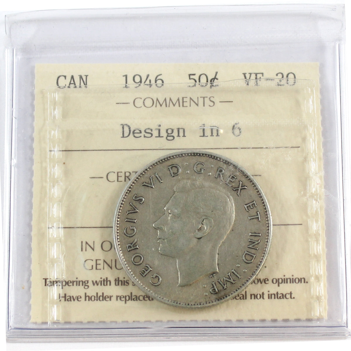 1946 Design in 6 Canada 50-cents ICCS Certified VF20