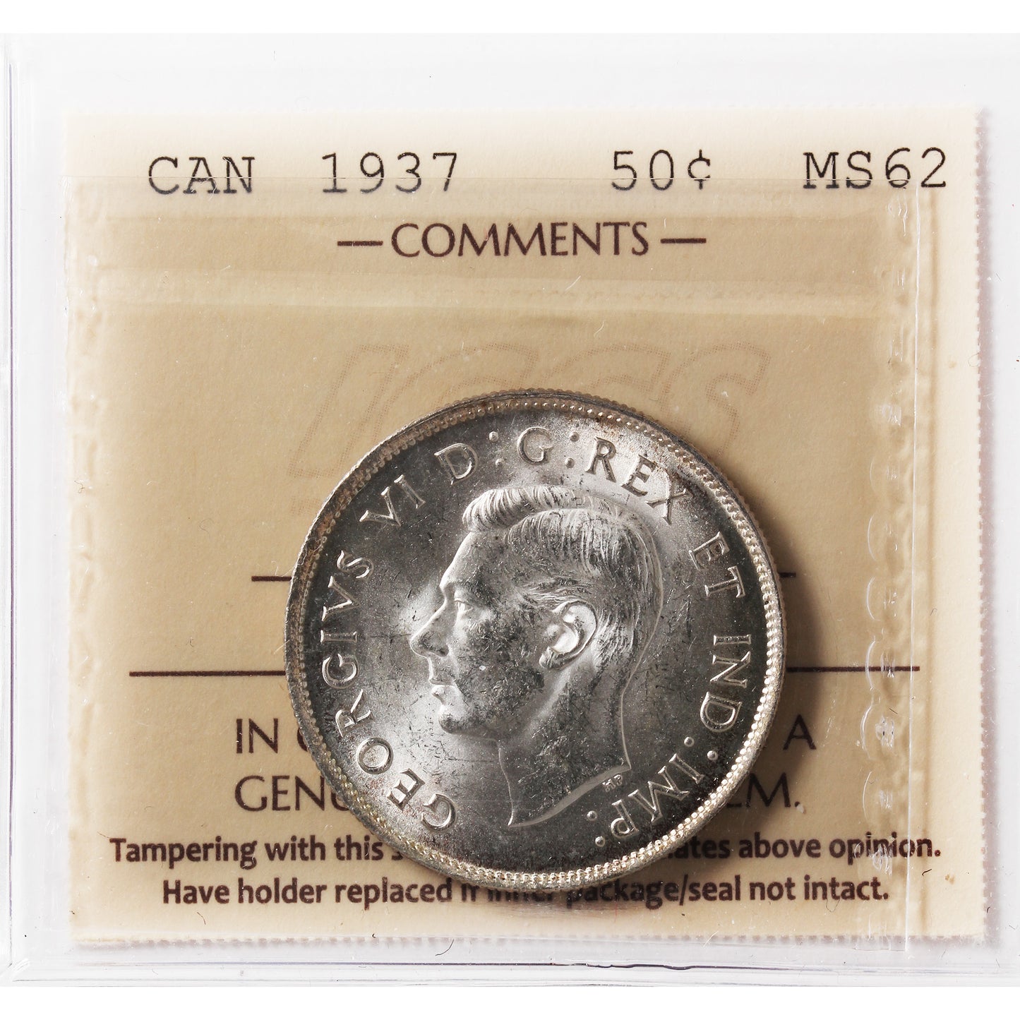 1937 Canada 50-cents ICCS Certified MS62