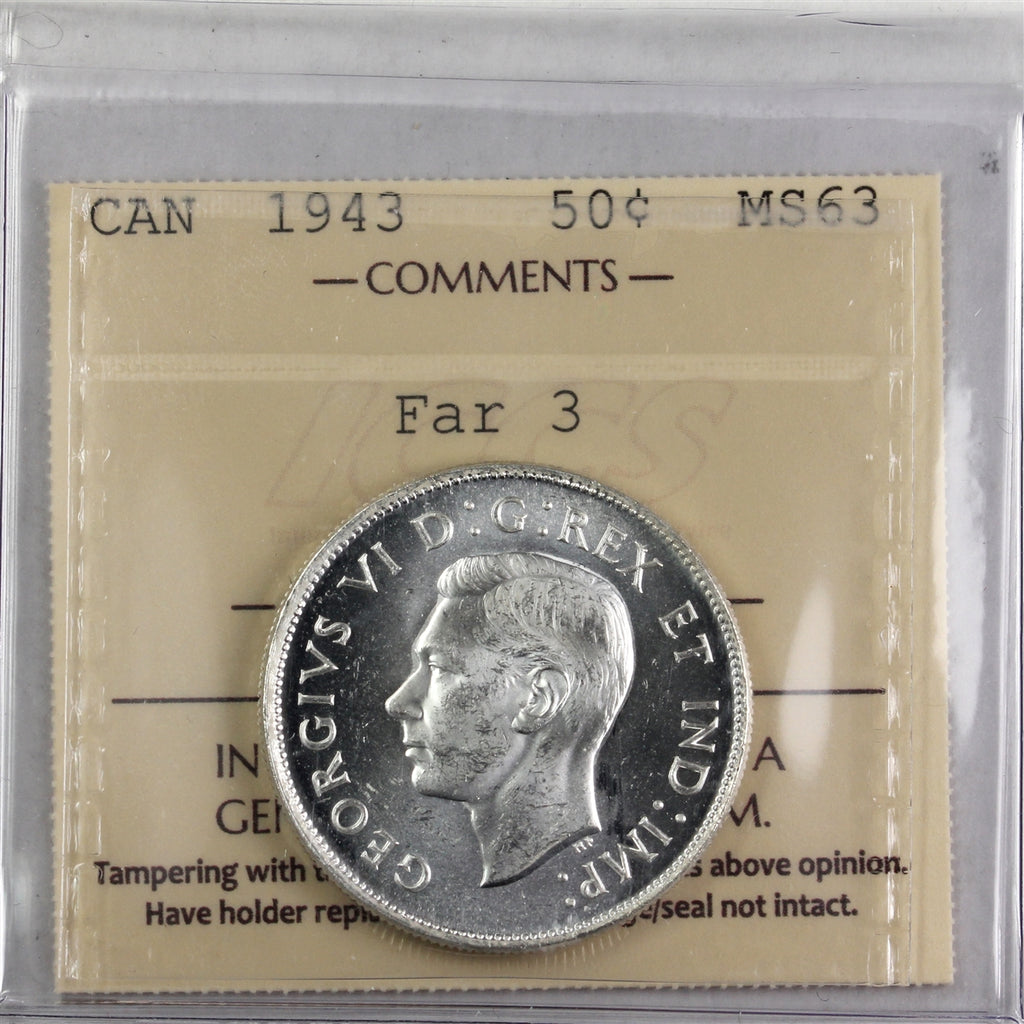 1943 Far 3 Canada 50-cents ICCS Certified MS63