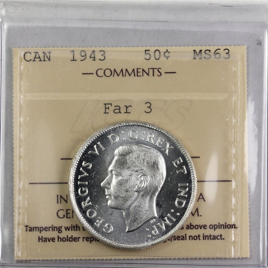 1943 Far 3 Canada 50-cents ICCS Certified MS63