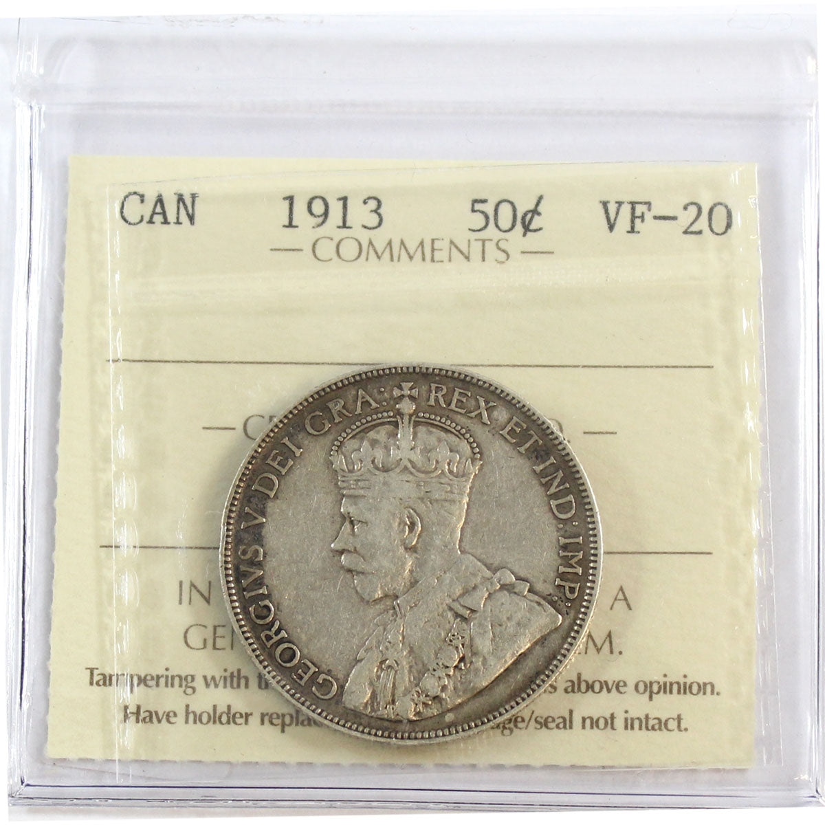 1913 Canada 50-cents ICCS Certified VF20
