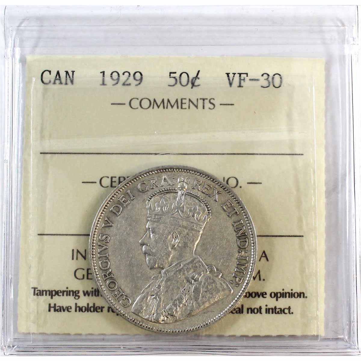 1929 Canada 50-cents ICCS Certified VF30