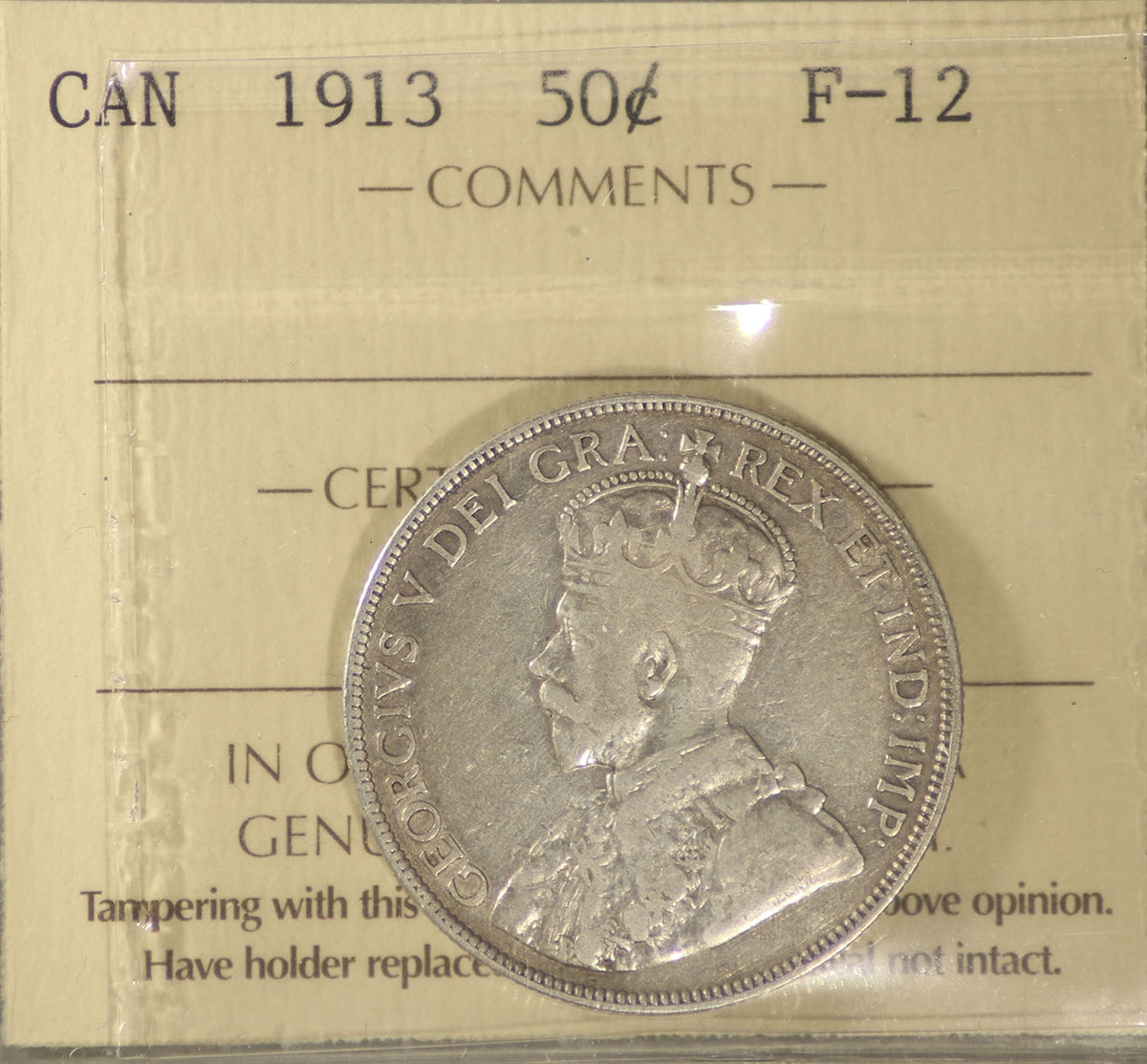 1913 Canada 50-cents ICCS Certified F12