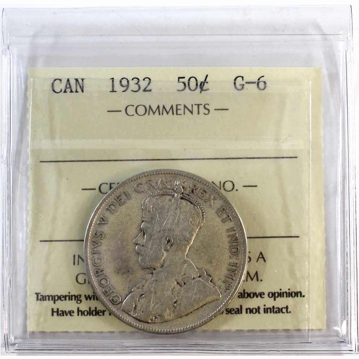 1932 Canada 50-cents ICCS Certified G6