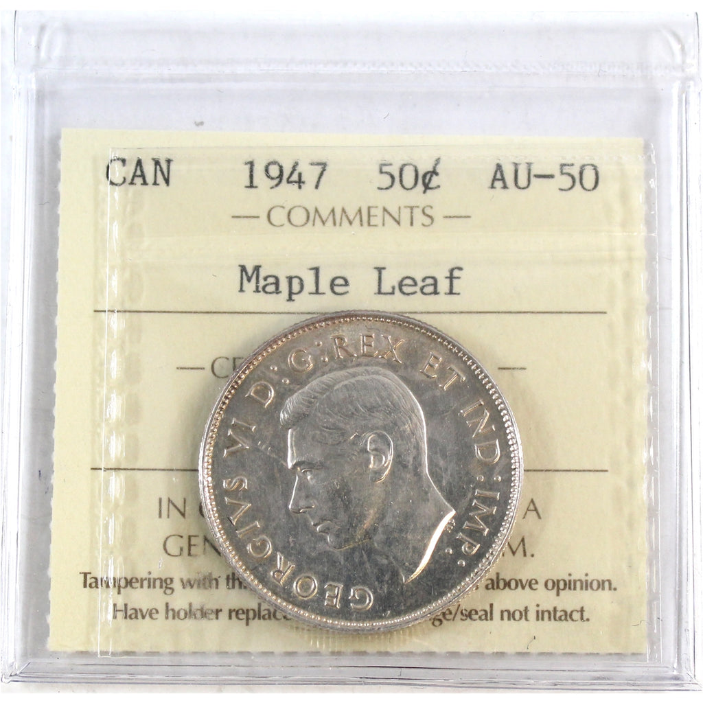 1947 Maple Leaf Canada 50-cents ICCS Certified AU50