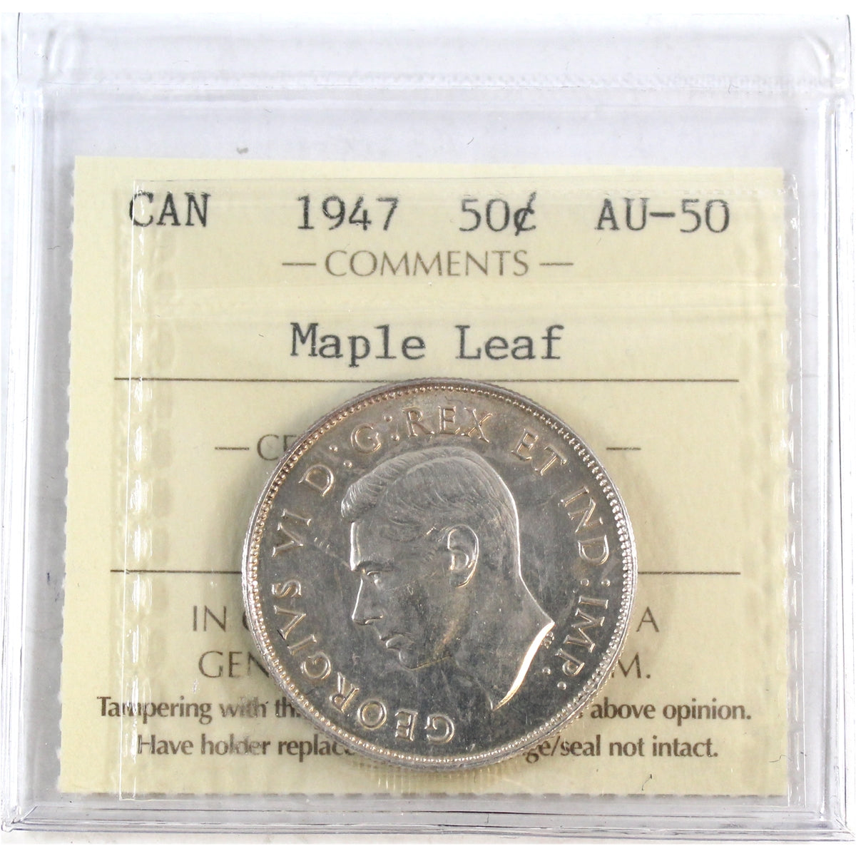 1947 Maple Leaf Canada 50-cents ICCS Certified AU50