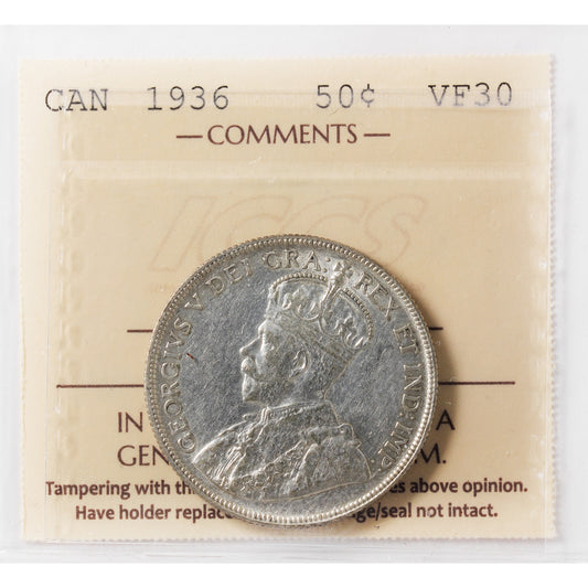 1936 Canada 50-cents ICCS Certified VF30