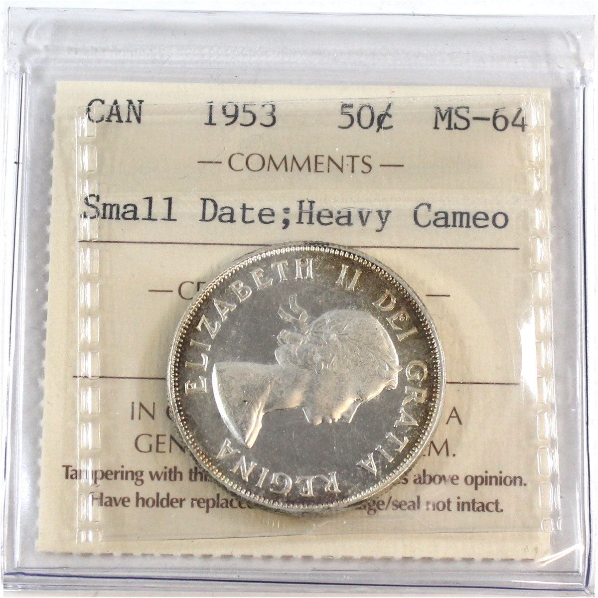1953 Small Date Canada 50-cents ICCS Certified MS64 Heavy Cameo