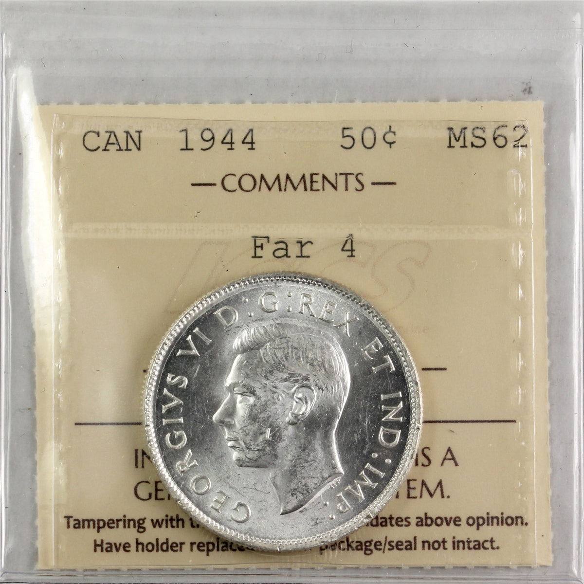 1944 Far 4 Canada 50-cents ICCS Certified MS62