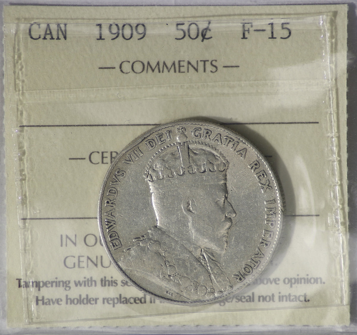 1909 Canada 50-cents ICCS Certified F15
