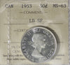 1953 Large Date, SF Canada 50-cents ICCS Certified MS63