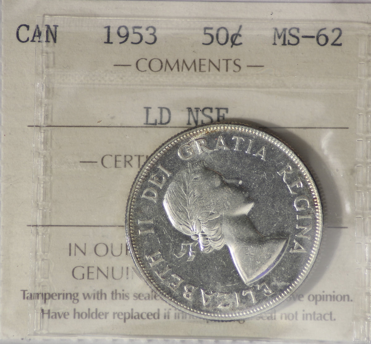 1953 Large Date, NSF Canada 50-cents ICCS Certified MS62