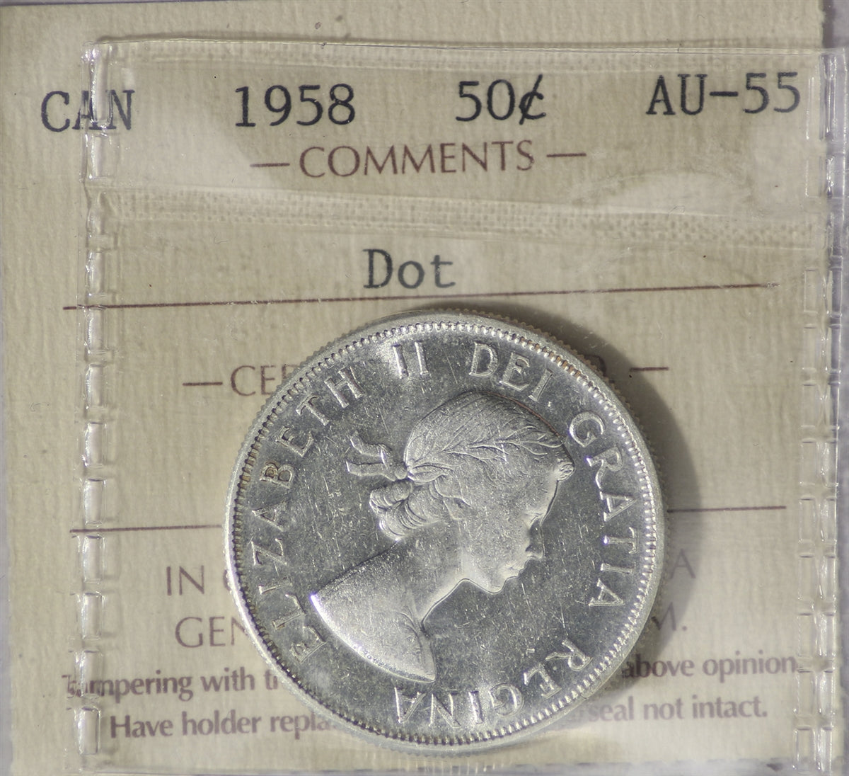 1958 Dot Canada 50-cents ICCS Certified AU55