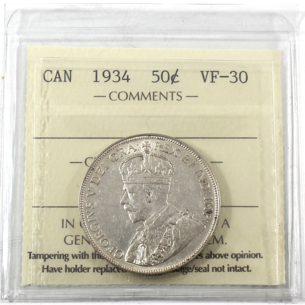 1934 Canada 50-cents ICCS Certified VF30