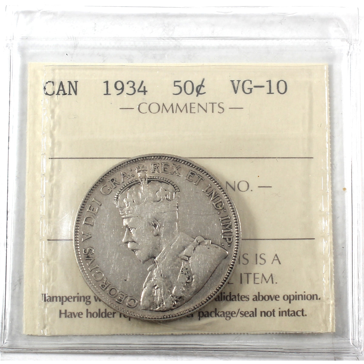1934 Canada 50-cents ICCS Certified VG10