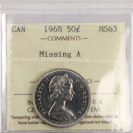 1968 Missing A Canada 50-cents ICCS Certified MS63