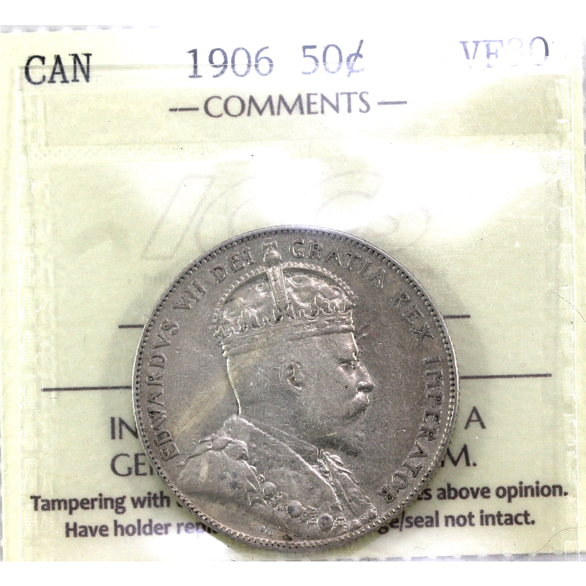 1906 Canada 50-cents ICCS Certified VF30
