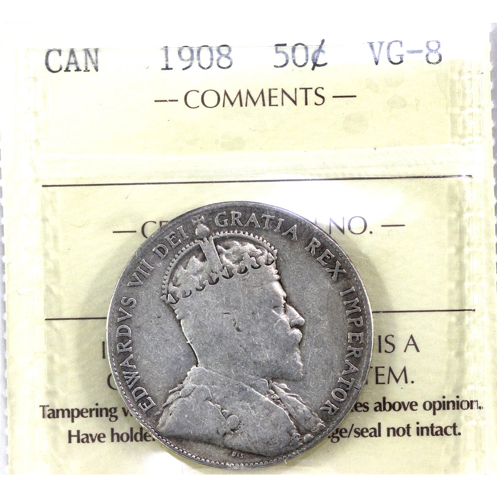 1908 Canada 50-cents ICCS Certified VG8